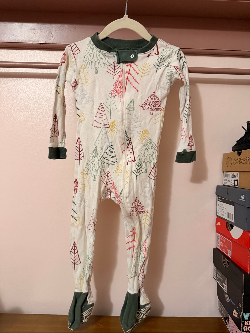 Burt's Bees Baby Cream Holiday Tree Footed Pajamas with Green Trim